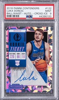 2018/19 Panini Contenders Rookie Ticket/Cracked Ice #122 Luka Doncic, Ball/Waist Signed Rookie Card (#25/25) – PSA MINT 9